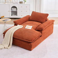 Load image into Gallery viewer, Orange corduroy sofa with a blanket and pillow in a modern living room.