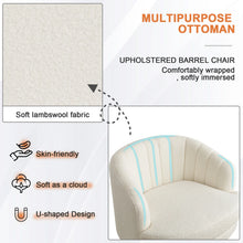 Load image into Gallery viewer, Upholstered barrel chair with soft lambswool fabric, labeled as a multipurpose ottoman.
